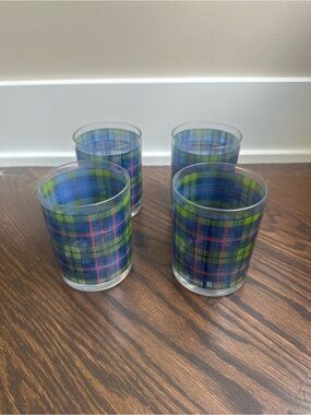 Set of 4 vintage Cera Scotch on the Rocks Plaid Pattern Glasses